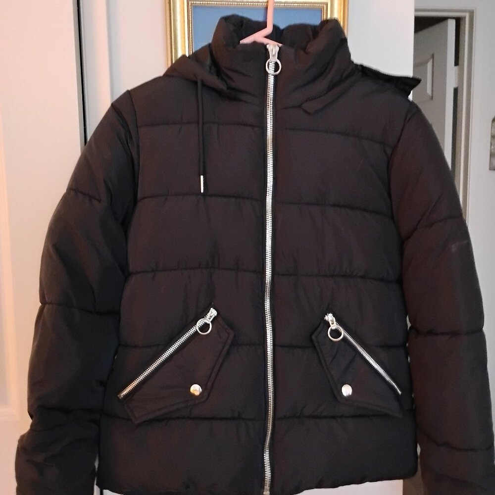 Top Shop Black Puffer Jacket with Hood Size 6